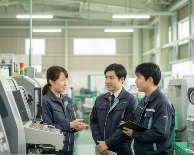 山梨県東部の工場で採用担当者が製造現場のスタッフと勤務体制を確認している様子